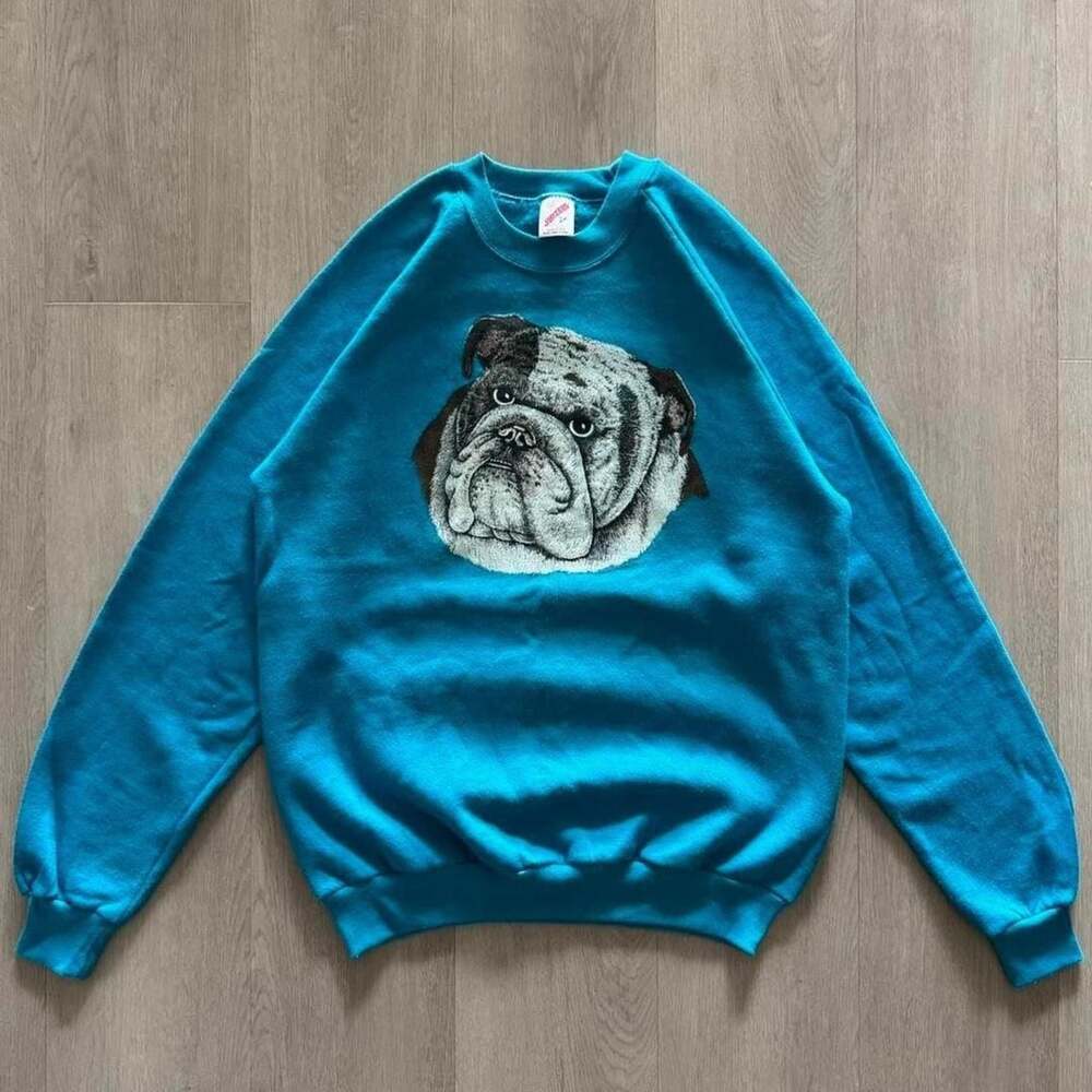 Vintage Jerzees Bulldog Graphic Sweatshirt Large Teal USA Made